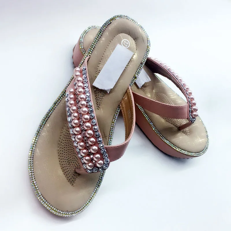 Вьетнамки из искусственной кожи с розовым жемчугом женские пляжные сандалии