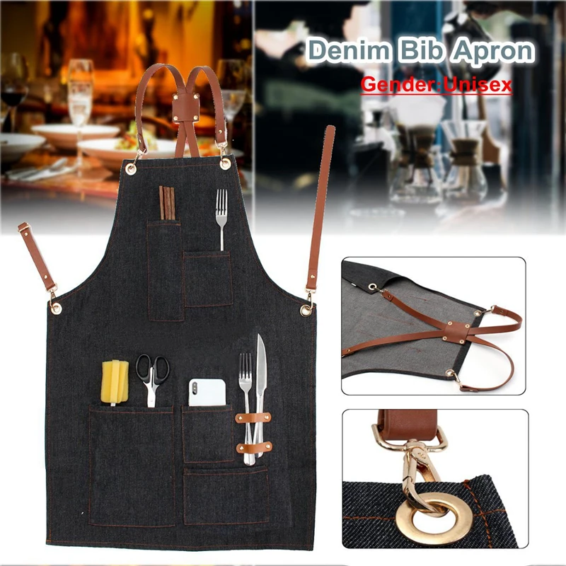 Denim Bib Retro Aprons Leather Strap Barista Barber Bartender BBQ Chef Practical Multifunctional Workwear Uniform