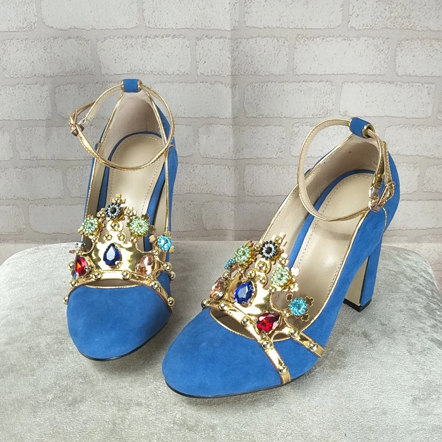 

Retro Crown Embellished Beading Pumps Suede Leather High Heel Shoes Women