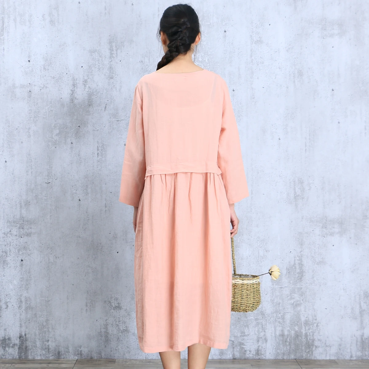 Johnature Women Maxi Dress Vintage 2019 Autumn New Casual Linen Nine Sleeve Button Patchwork Loose Clothes O-Neck Dresses | Женская
