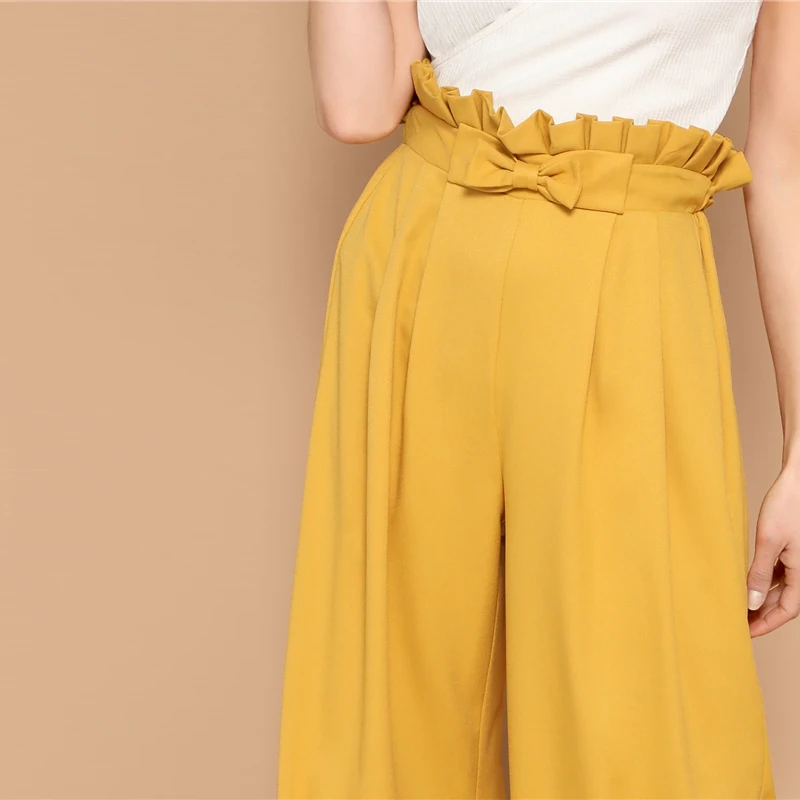 SHEIN/широкие брюки с бантиком и складкой на талии; элегантные свободные брюки с эластичной резинкой на талии; желтые брюки с высокой талией