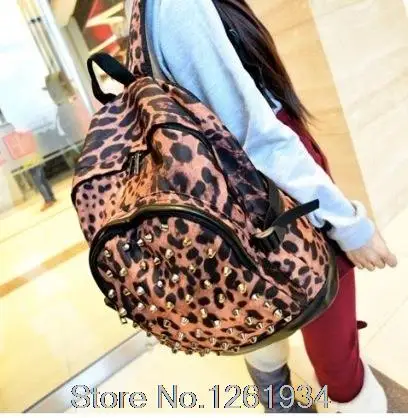 2015 hot canvas women backpack leopard print school bag rivet shoulder female travel bookbag for teenagers | Багаж и сумки