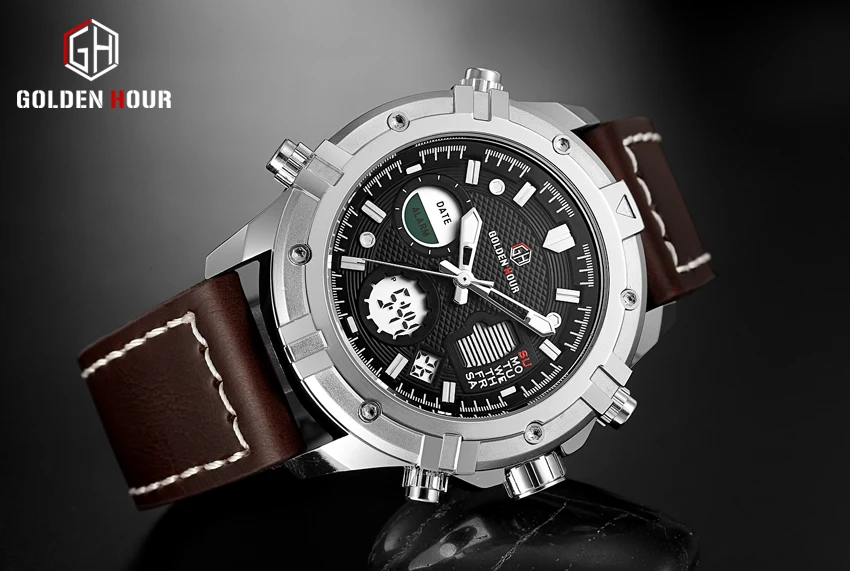 Relogio Hombre GOLDENHOUR кожаные спортивные мужские часы Автоматические цифровые военные кварцевые мужские наручные часы Relogio Masculino