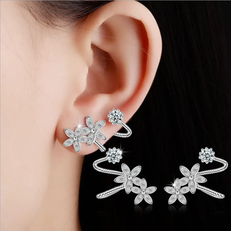 

KOFSAC New Charm 925 Silver Ear Cuff Earrings For Women Elegant Zircon Flower Non Piercing Cartilage Ear Clip Jewelry Girl Gift