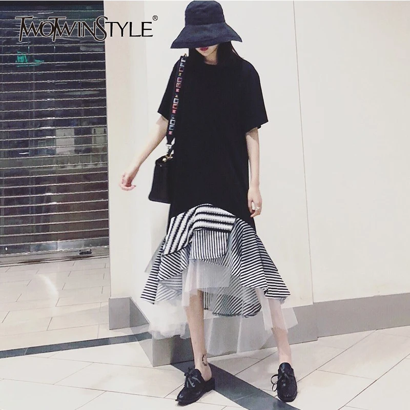 TWOTWINSTYLE летнее платье для женщин свободное лоскутное Сетчатое асимметричное с