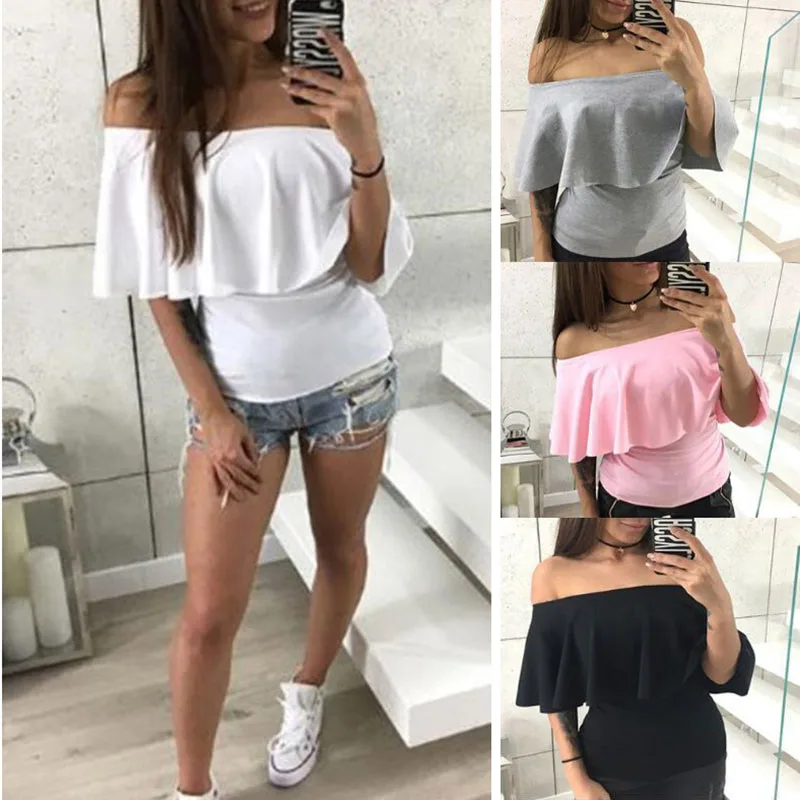 Недавно Для женщин с рюшами открытыми плечами стрейч вечерние летняя рубашка Slim Fit Топ m99|Футболки| |