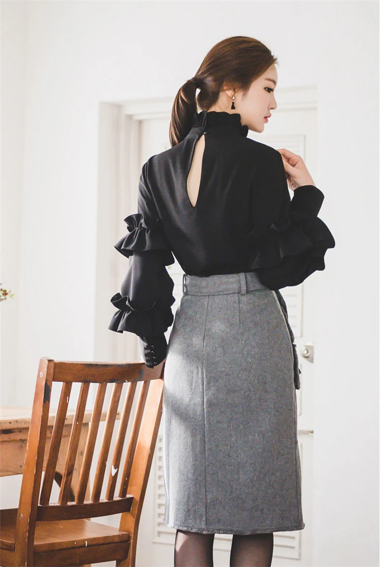 Blusas Mujer De Moda, модные шифоновые блузки с оборками, женские рубашки, Офисная Леди, лист лотоса, черная тонкая задняя просвечивающаяся блузка
