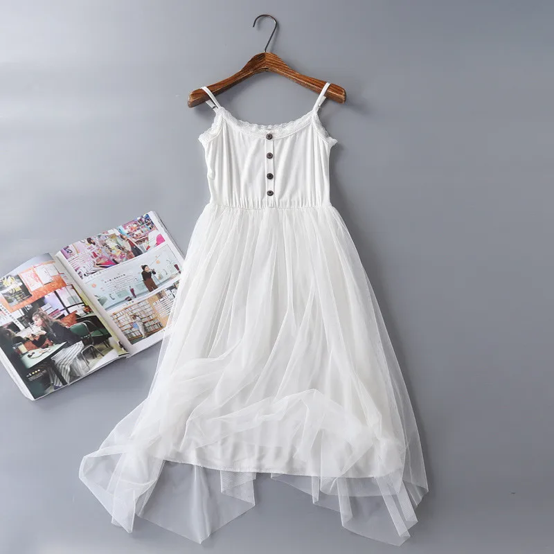 

Sanishroly New Summer Women Button Lace Dress Long Modal Patchwork Mesh Dresses Female Spaghetti Strap Dress Gauze Vestidos S456