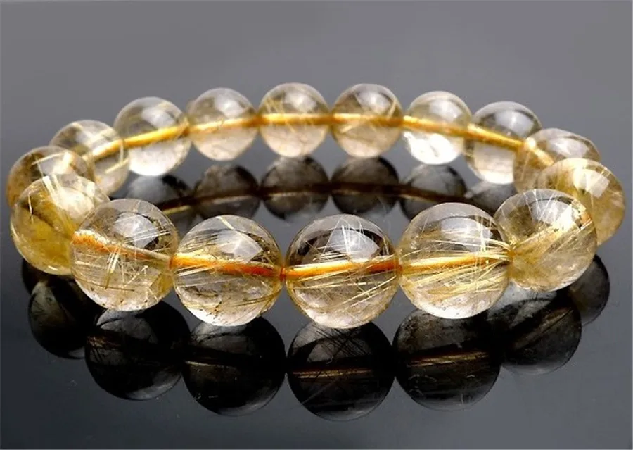 13.5mm Rond Beads Genuine Natural Gold Yellow Rutilated Quartz Bracelet Crystal Clear Round Bead Stretch From Brazil | Украшения и