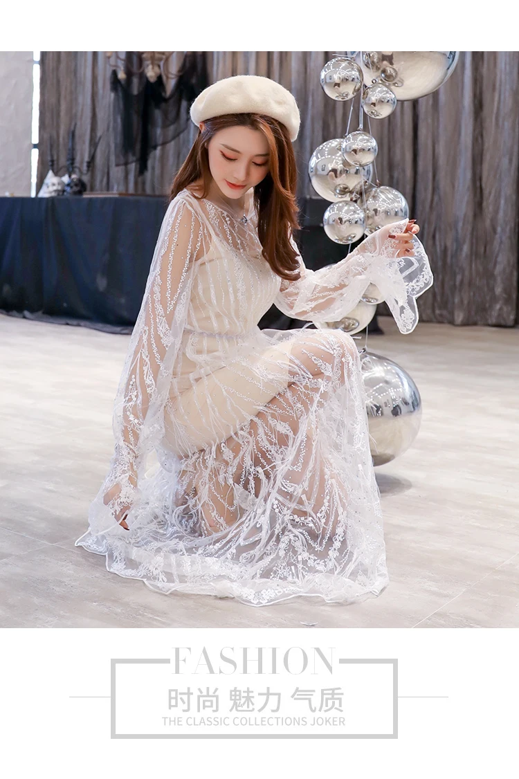 Роскошное Сексуальное Женское Платье vestido, белое, кружевное, с вырезом, с блестками, длиной до лодыжки, длинное платье, женское платье для вечеринки