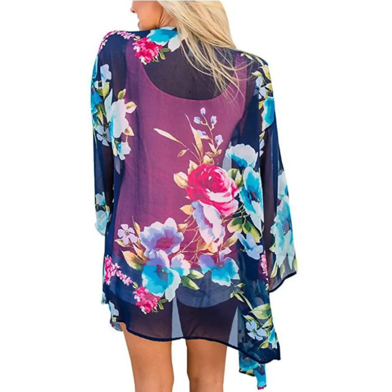 Women Floral Print Kimono Beach Cover Up Capes Ladies Open Front Sheer Loose Chiffon Cardigan Blouse Top | Женская одежда