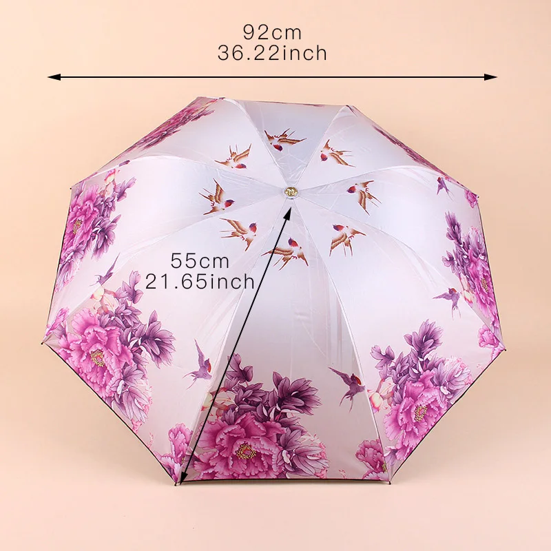 Трехскладной зонт для женщин с цветущим цветком черное покрытие анти УФ