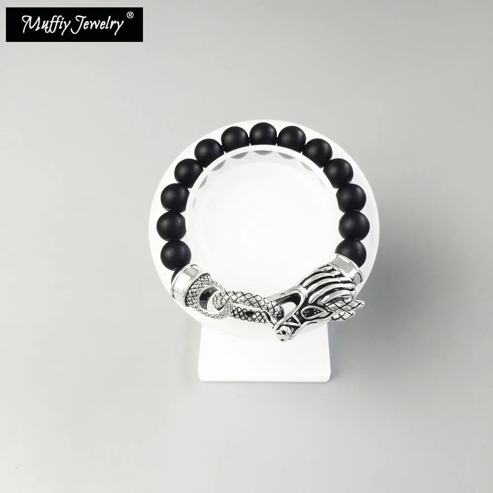 Китайский дракон браслет Серебряная пластина и черный обсидион стиль панк Новая