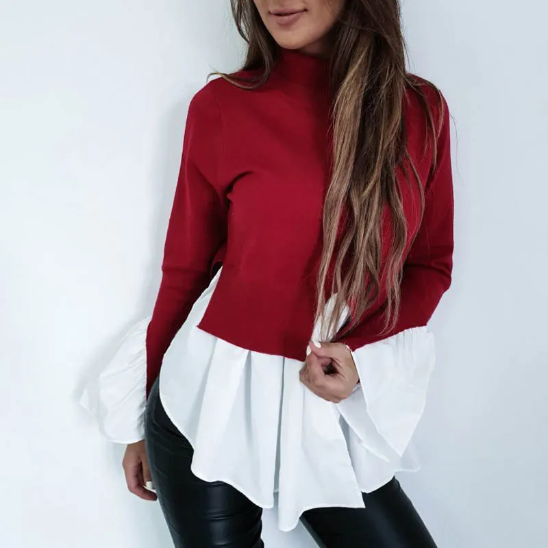 Red Viensta, женская футболка с оборками и расклешенными рукавами,, водолазка, из кусков, пуловеры, топы, повседневные, с разрезом, неровные, Kawaii, джемпер, Топ - Цвет: Red