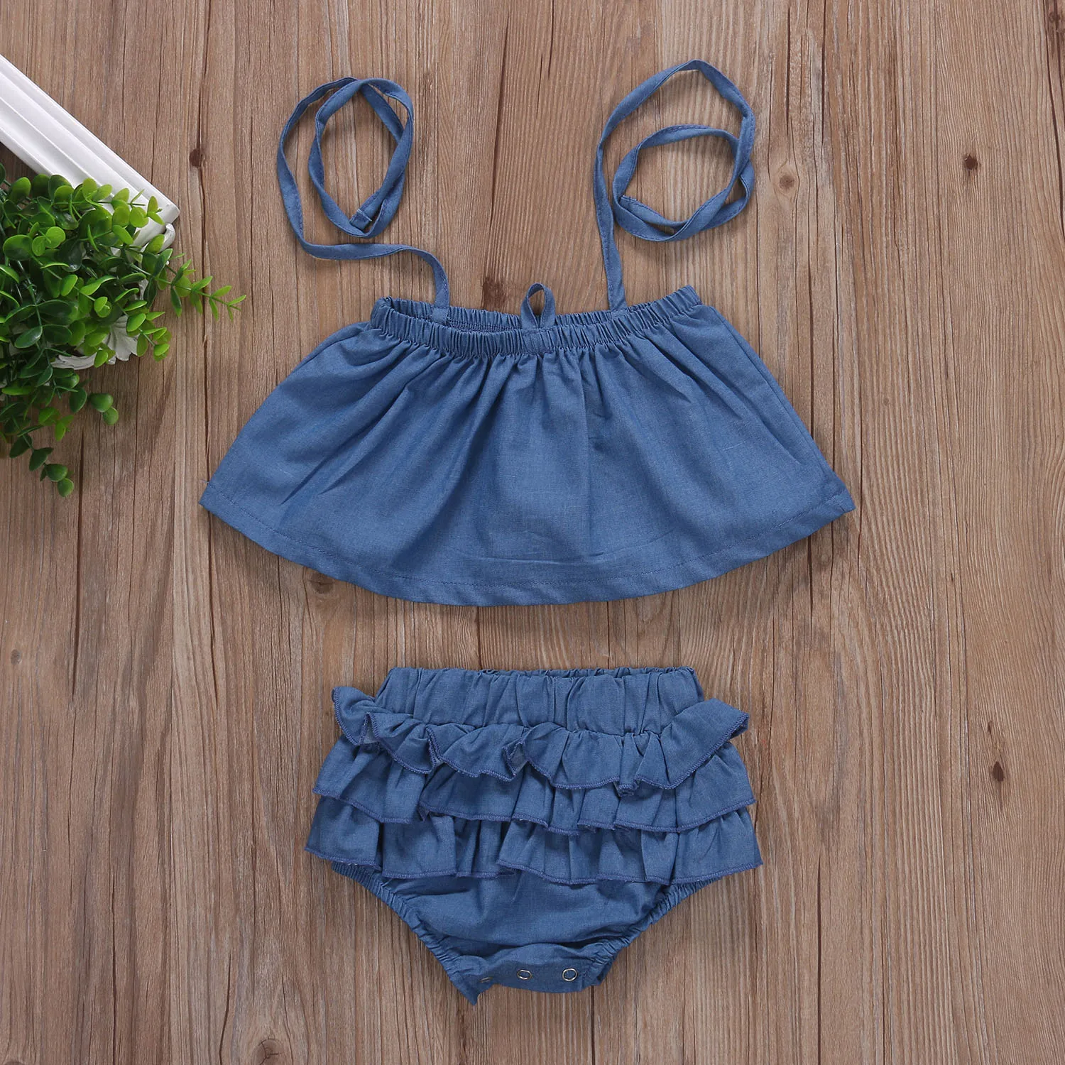 Сток новорожденных девочек джинсовая с открытыми плечами Топы Шорты Летняя