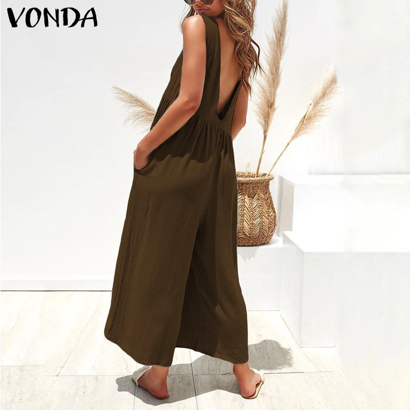 Женские комбинезоны VONDA, летние сексуальные однотонные Свободные Комбинезоны без рукавов, повседневные широкие длинные штаны, брюки