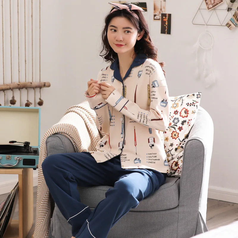 

Women spring ladies pajamas new cotton long sleeve pants cardigan 2019 autumn Korean cotton lapels women pajama sets pajamas