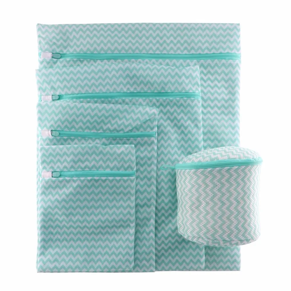 Green ripple 5pcs 5 шт. тонкой сетки стиральная сумки розовый в полоску бытовой корзина-сумка для грязного белья для защитная одежда мода сумка хранения - Цвет: Green ripple 5pcs