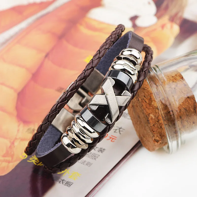 Плетеный браслет из натуральной кожи мужской винтажный с гравировкой браслеты