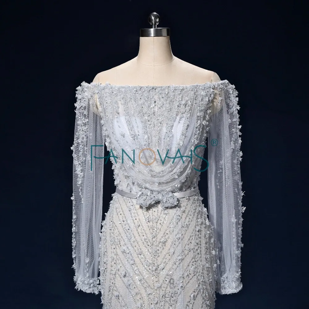 Синий серебряный вечерние платья с длинными рукавами роскошь плеча Vestido de Festa