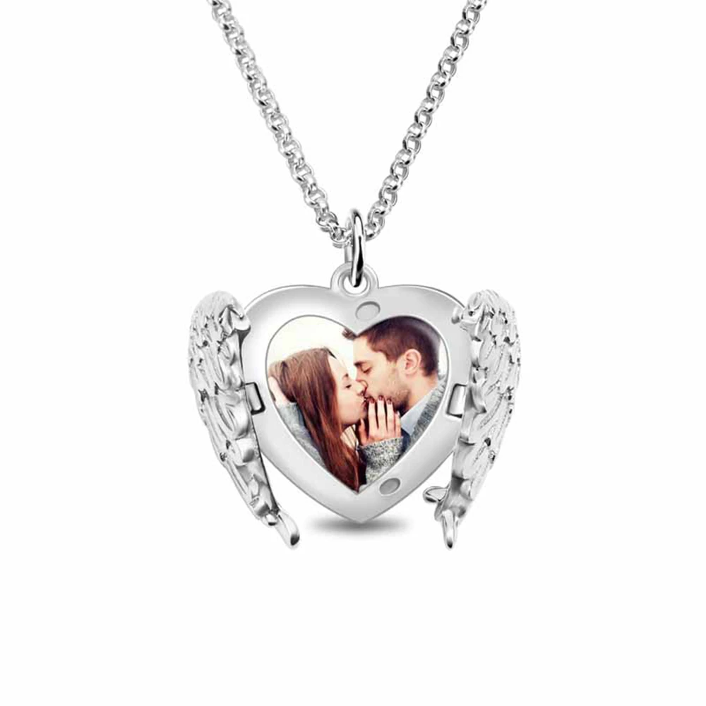 

Sweey Dropshipping Personalized Engravable Angel Wings Heart Photo Locket Necklace Personalized Gift for Women Mother's Day Gift