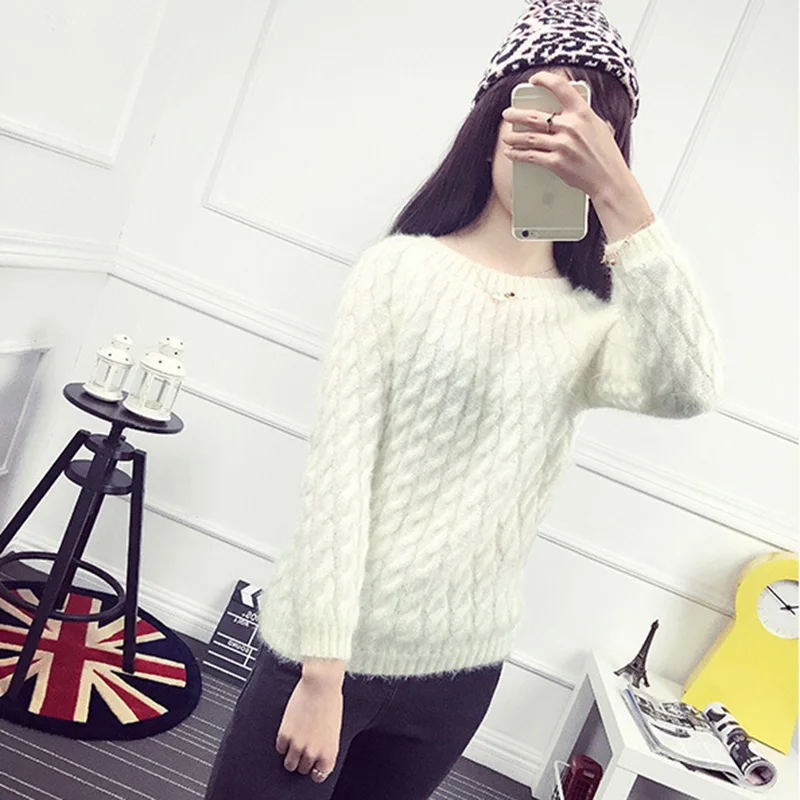 Women Sweaters Autumn Winter New Mohair Sweater Twist Loose Short Solid Color Round Neck Pullover Bottoming XY514 | Женская одежда
