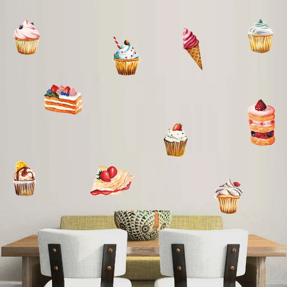Delicious Dessert Cupcake Wall Art Decals For Christmas Resturant Dining Room Vinyl Sticker Removable Wallpaper Home Decor | Дом и сад