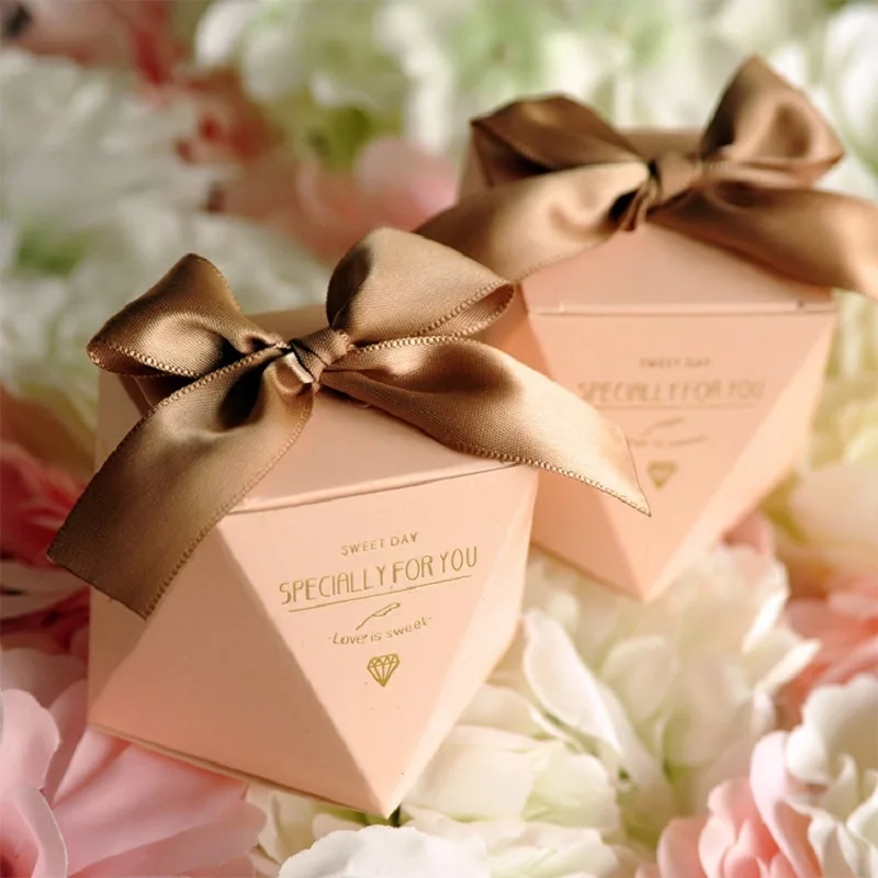 Pink -gold ribbon Розовый/красный/синий алмаз форма Baby Shower конфеты коробка со свадебными сувенирами и подарки коробки День Рождения украшения для гостей - Цвет: Pink -gold ribbon