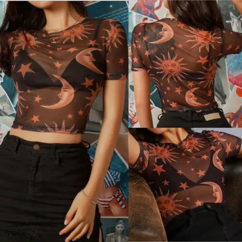 Женские модные рубашки с принтом Луны прозрачная сетчатая блузка для вечеринок