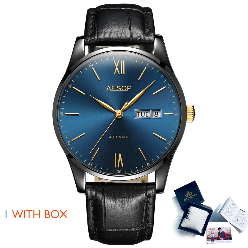 Black Blue Box AESOP мужские часы Топ бренд класса люкс автоматические механические многофункциональные водонепроницаемые часы с календарем коричневый Натуральная кожа Colck - Цвет: Black Blue Box