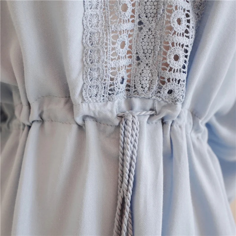 Голубое богемное пляжное платье с v образным вырезом и рукавами крылышками лето