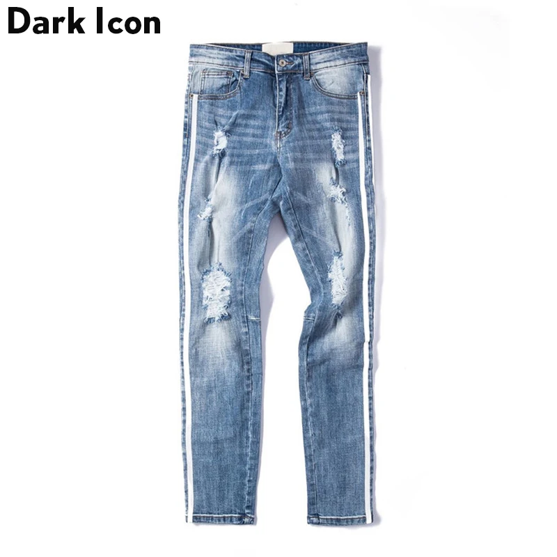 Мужские рваные джинсы в полоску DARK ICON черные полной длины 2019|Мужские джинсы| |