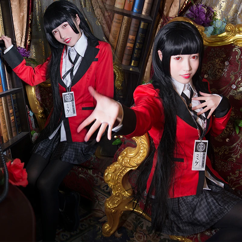 Популярные крутые костюмы для косплея, аниме Kakegurui Yumeko Jabami, японская школьная форма для девочек, полный комплект, куртка+ рубашка+ юбка+ чулки+ галстук