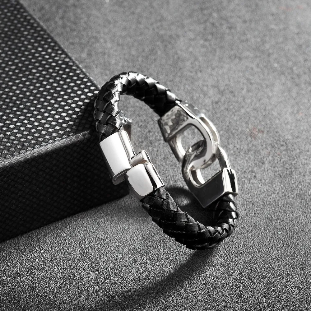 Нержавеющая сталь наручники браслет pulsera cuero hombre ручной работы Плетеные Черный Кожаный Браслет erkek bileklik jewellery