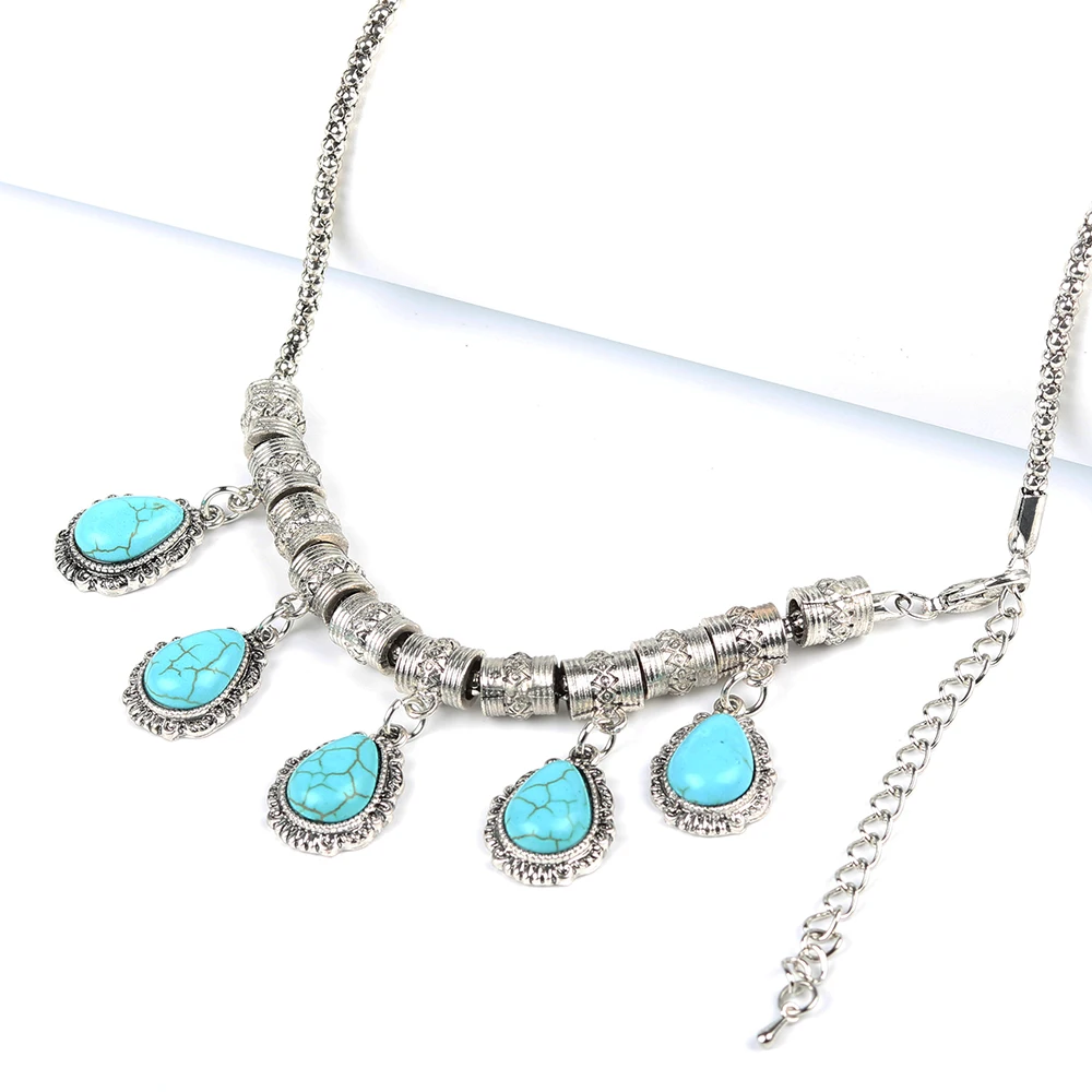 Parabola Created Turquoise Water Drop Choker Pendant Earrings and Necklace Jewelry Sets Silver Color for Women Girl ZSS0001 | Украшения и