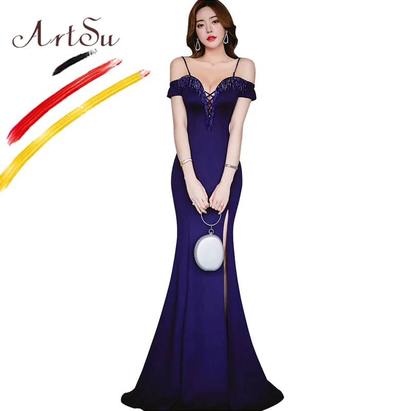 

ArtSu Party Vestido De Festa Off Shoulder Hollow Out Long Floor-Length Formal Mermaid Dress Women Crystal Beading Robe De Soiree