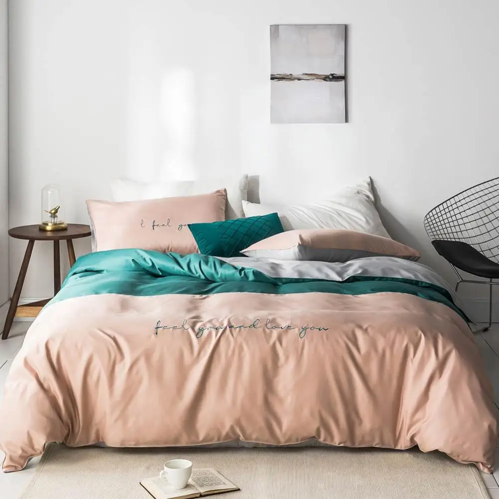 20192318 Nordic Light Green Dark INS Embroidery Bedlinens Artificial Silk Satin Duvet Cover Set Queen King Bedsheet Bedding Set - Цвет: 20192318