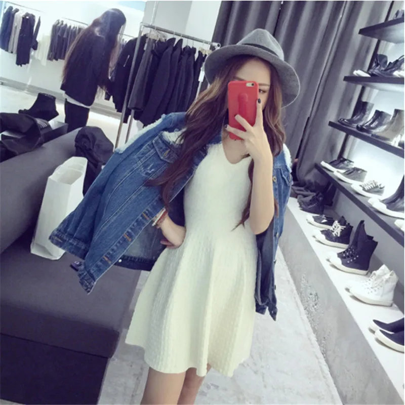 UHYTGF Summer Dress Women New 2019 Fashion A-line Short white Cute Party Sleeveless V neck Casual knitting Dresses64 | Женская одежда