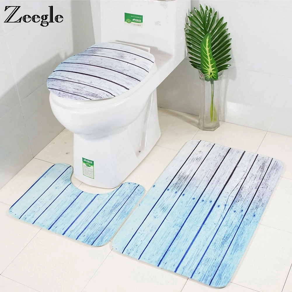 

Zeegle 3Pcs Bathroom Mat Set Wood Printed Flannel Floor Rugs Toilet Mat Bathroom Carpet Sets Anti-slip Bath Mat Bathroom Rugs