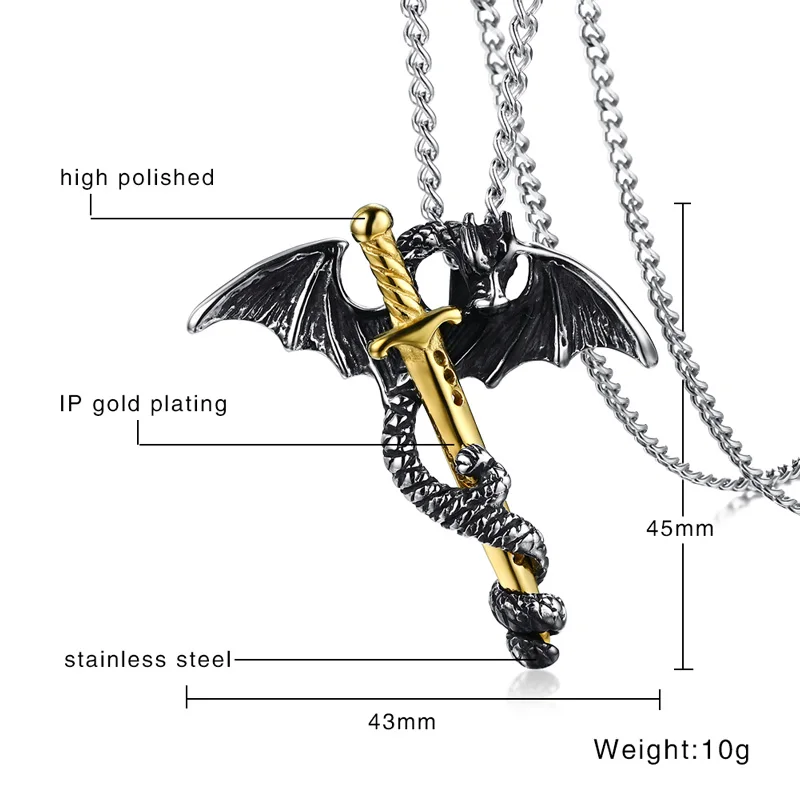 BIG J.W Gothic Pterosaur Sword Pendant Necklace for Men Cool Dragon Stainless Steel Punk Maxi Male Jewelry | Украшения и
