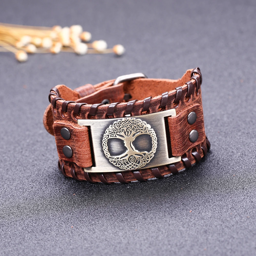 EUEAVAN 5pcs Religion Tree Of Life Amulet Charm Bracelet Wide Black/Brown Men's Leather Viking Bangle For Men | Украшения и