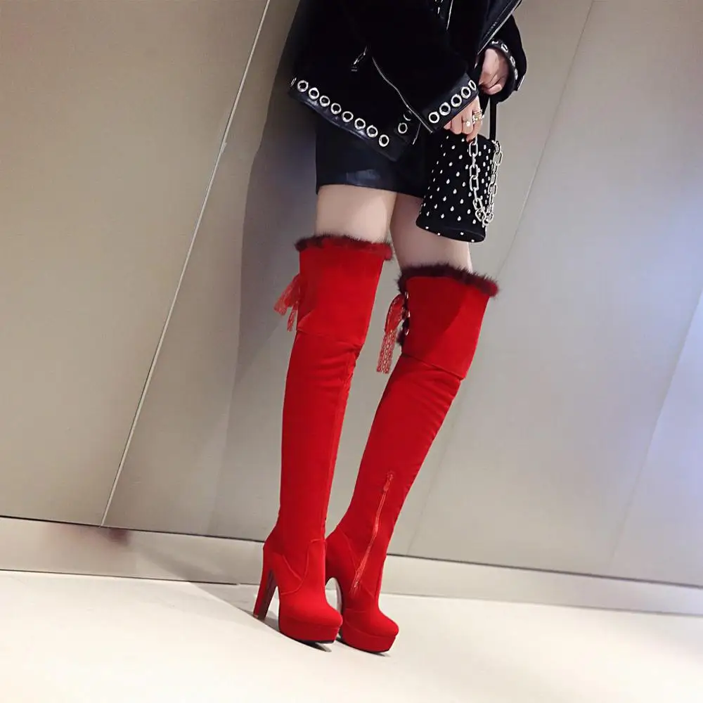 Red Alionashoo/женские зимние сапоги выше колена теплые женские сапоги из флока с круглым носком на платформе и тонком высоком каблуке; Цвет черный, красный; размеры 34-48 - Цвет: Red