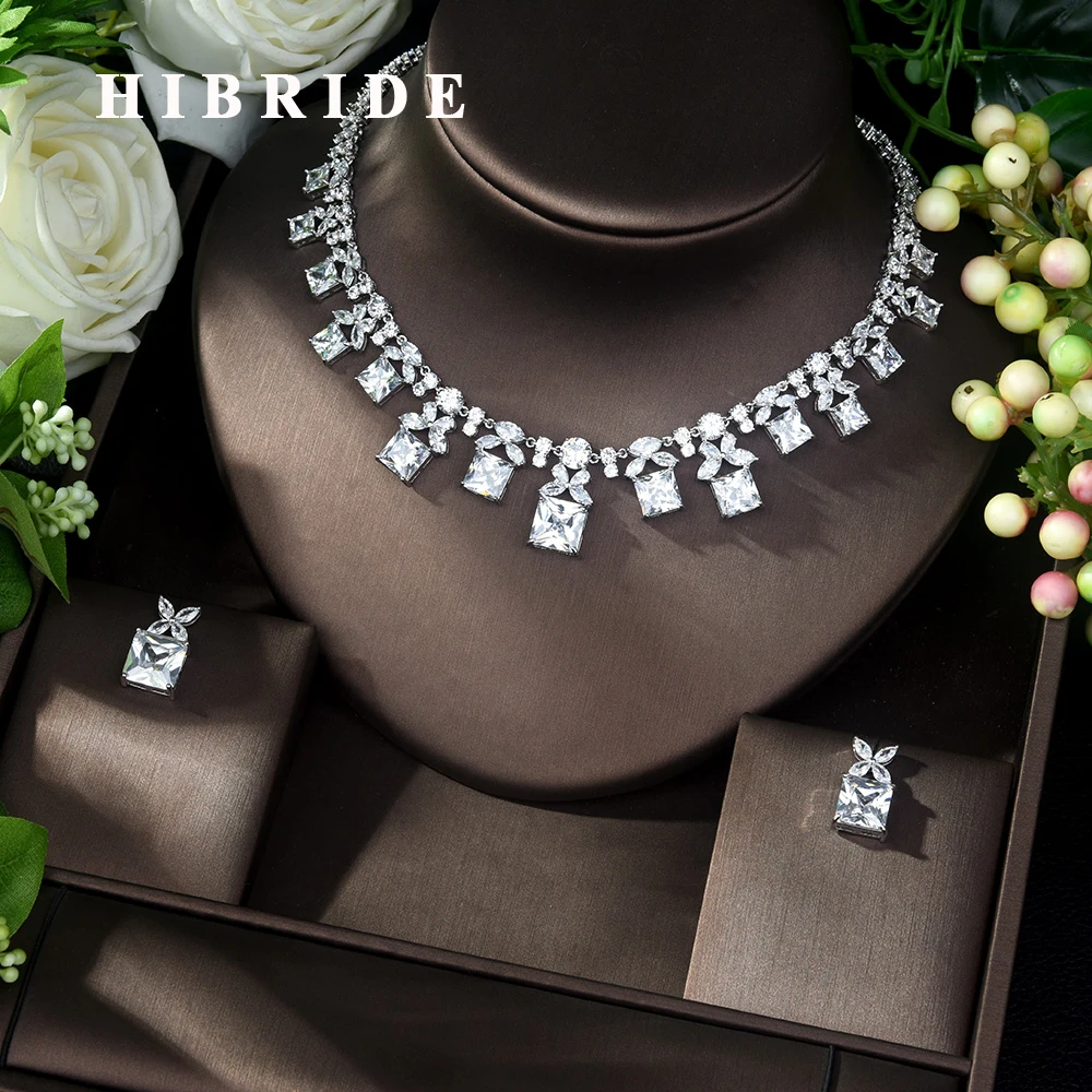 

HIBRIDE AAA Cubic Zirconia Wedding Necklace and Earrings Luxury Crystal Bridal Jewelry Sets for Bridesmaids Women Jewelry N-1041