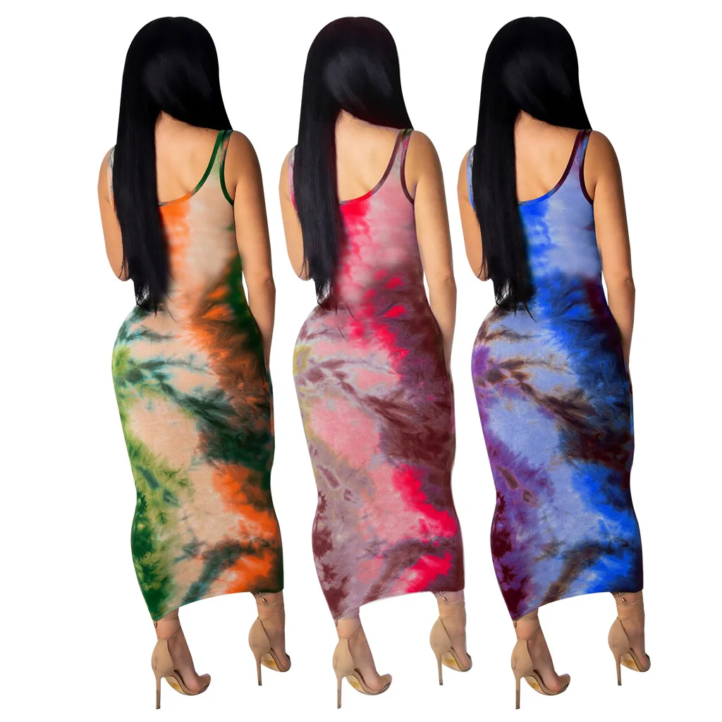2019 летние женские пляжные Длина по щиколотку без рукавов Bodycon Tie dyed печати Макси