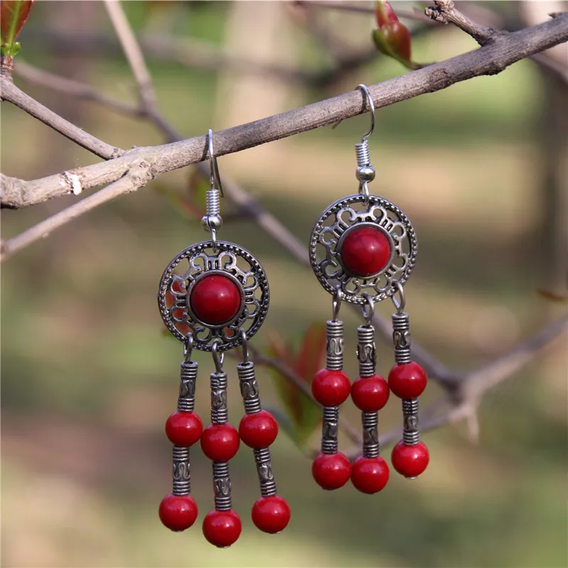 Женские серьги GORISEF в национальном стиле красные каменные бусины ювелирные