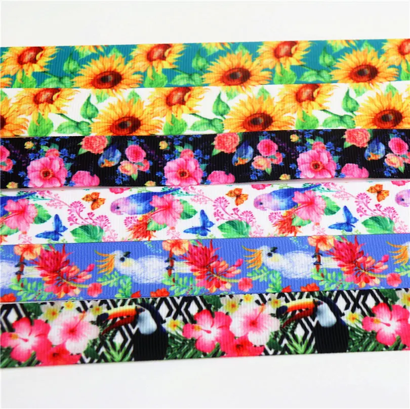 DUWES 7/8 ''Бесплатная доставка Цветы птицы подсолнухи печатные grosgrain ленточный