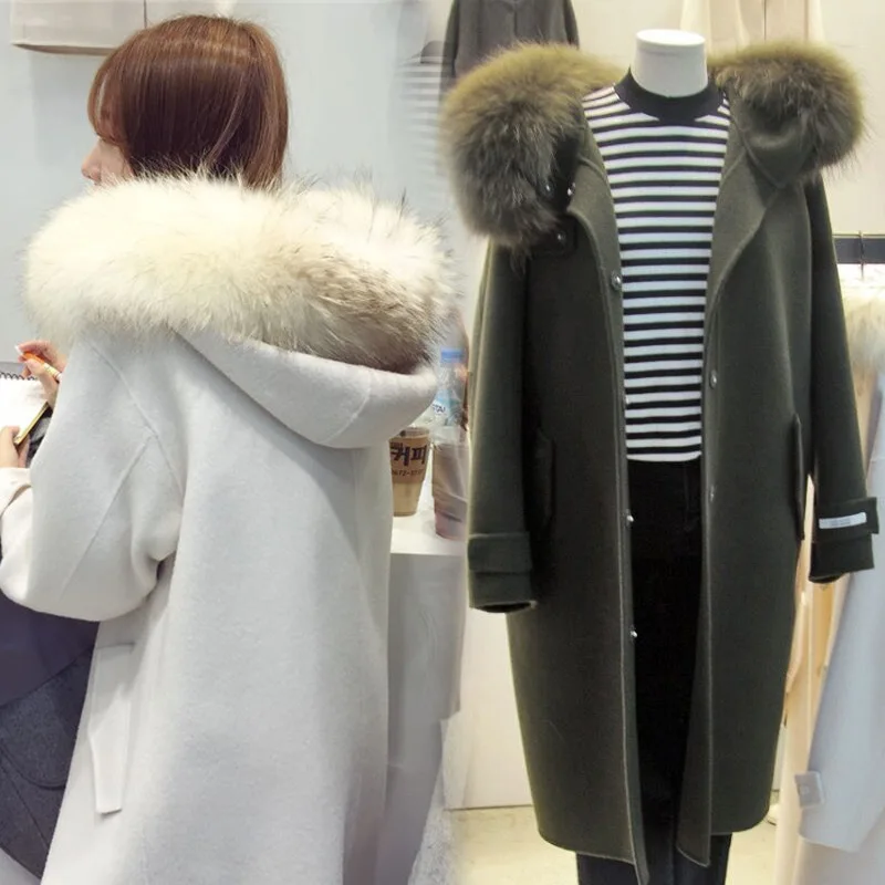 

2018 autumn and winter new Korean women loose thick hooded fur collar and long sections woolen coat jacket TB18909