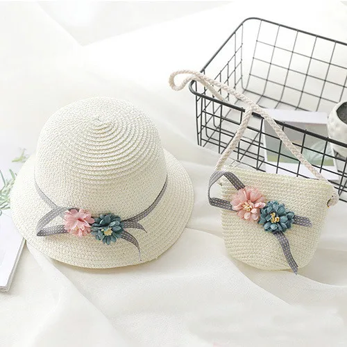 small flower beige Соломенная красивая шляпа с цветочным рисунком для маленьких девочек, летняя шляпа для девочек, пляжная шляпа с козырьком, соломенная сумка, комплекты из двух предметов - Цвет: small flower beige