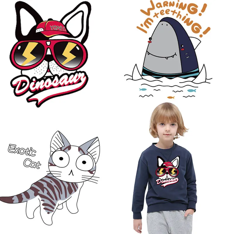 

funny animal dog cat shark patches for clothing thermal stickers heat transfert thermocollants for boys clothes diy parches ropa