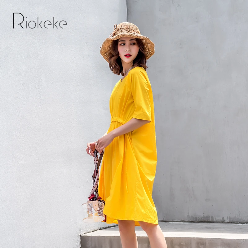 Riokeke манго желтое свободное женское платье летние женские платья 2018 с коротким